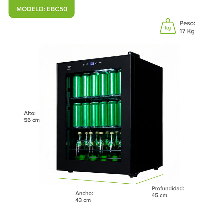 Refrigerador enfriador de bebidas EBC50, 46L, 17 kg, con dimensiones 56x43x45 cm y latas verdes visibles.