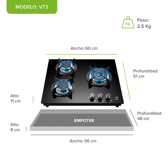 Infografía de medidas de parrilla de gas negra de 60cm en vidrio templado con 3 quemadores y dimensiones de empotre.