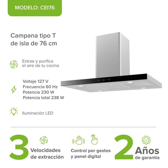 Campana de cocina para isla tipo T 76 cm control táctil y de gestos, potencia motor 230 W acero inoxidable