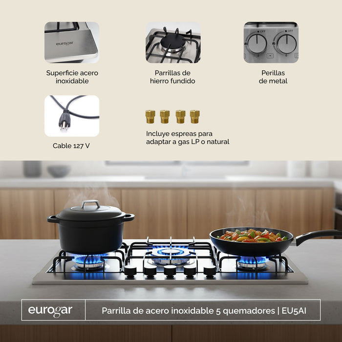 Parrilla de gas 5 quemadores 76 cm en acero inoxidable