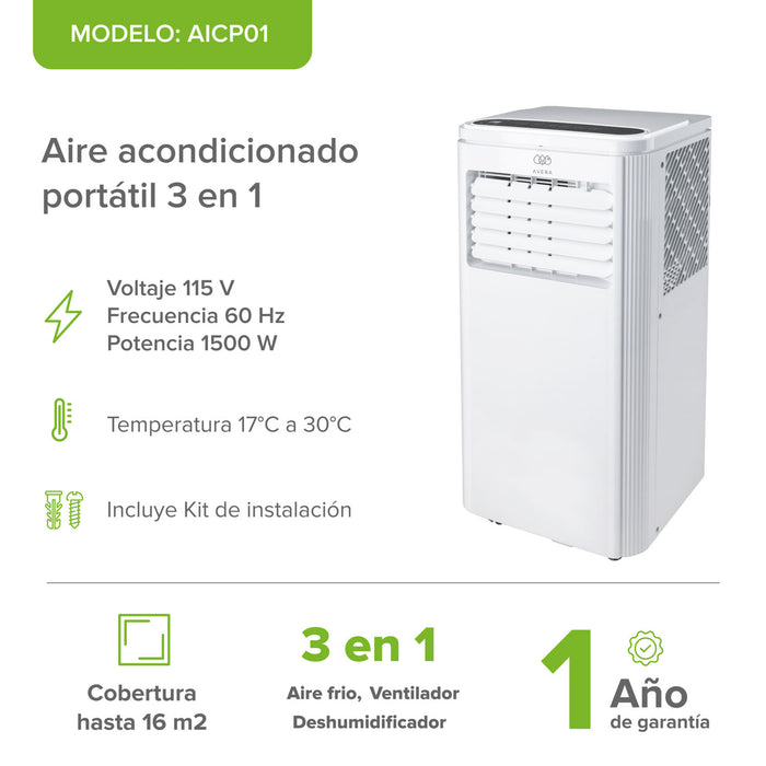 Aire acondicionado portátil 3 en 1 Avera modelo AICP01 blanco, cubre 16m2 e incluye kit de instalación.
