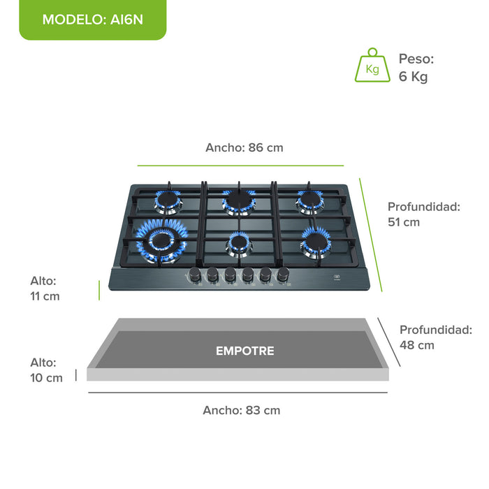 Parrilla de gas 6 quemadores 86 cm en acero inoxidable - negro
