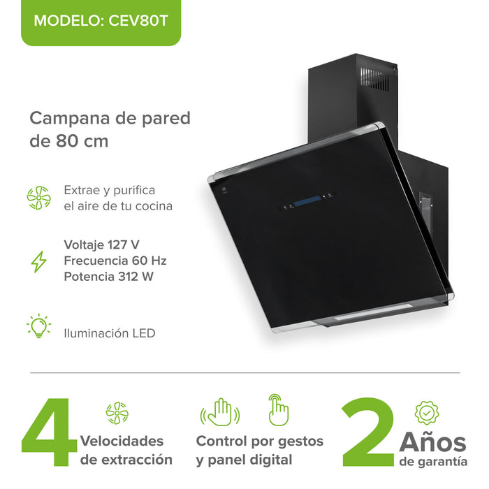 Campana de cocina de pared 80 cm de vidrio templado con tecnología sin contacto - negro