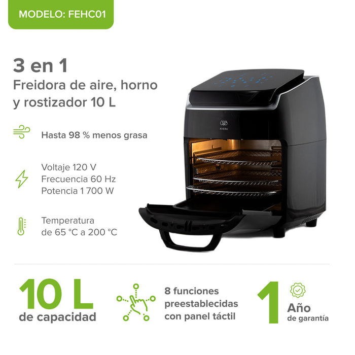 Freidora de aire y horno de convección 10 L con 8 funciones