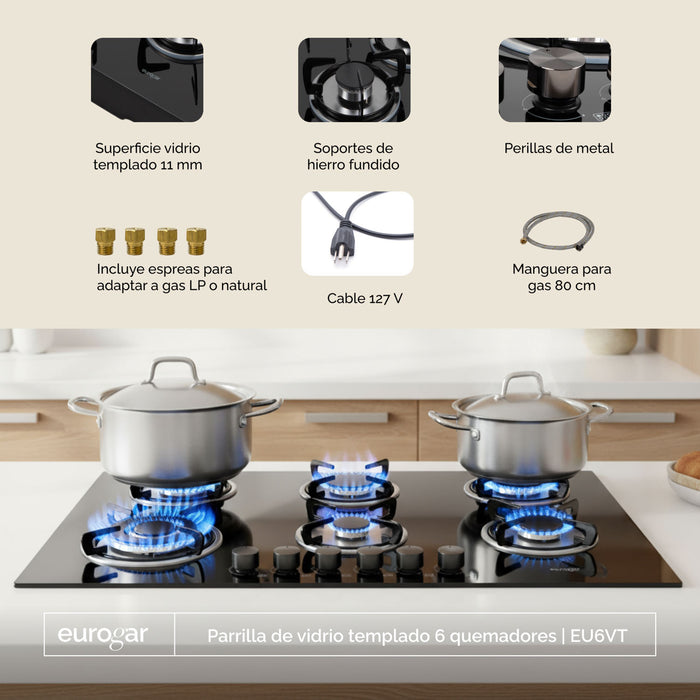 Parrilla de gas 6 quemadores 90 cm en vidrio templado - eurogar
