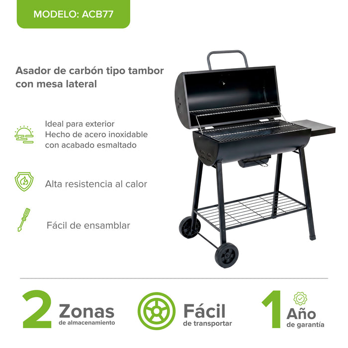 Asador de carbón tipo tambor 101 cm con termómetro, bandeja de cenizas y mesa lateral