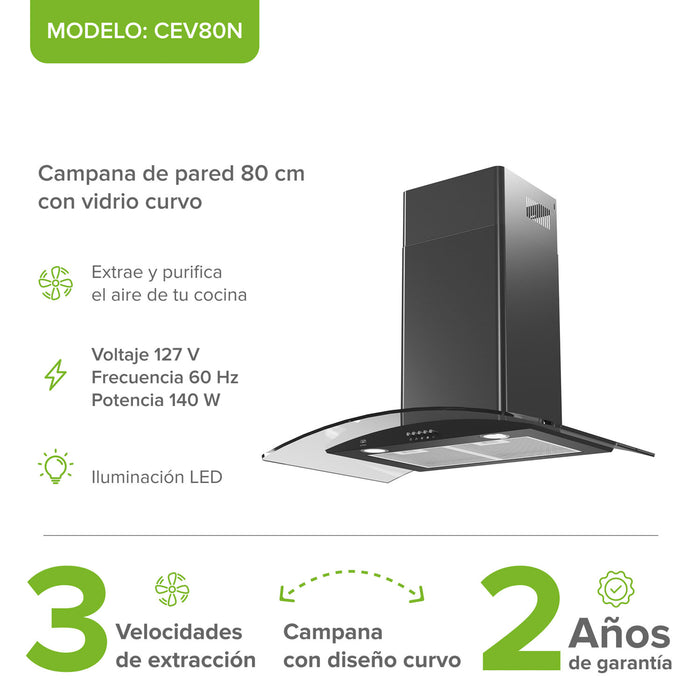 Campana de cocina de pared curva 80 cm en acero inoxidable y vidrio templado - negro