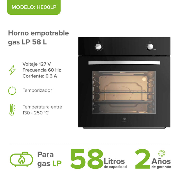 Combo Parrilla de gas 4 quemadores vidrio templado 60 cm + Horno gas LP 58 L