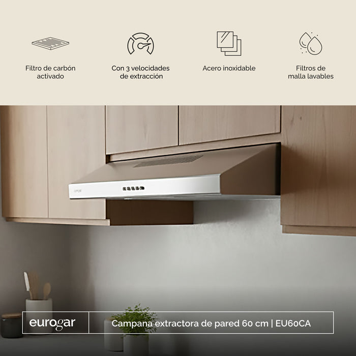 Campana de cocina de pared 60 cm, 250 m³/h de extracción, acero inoxidable