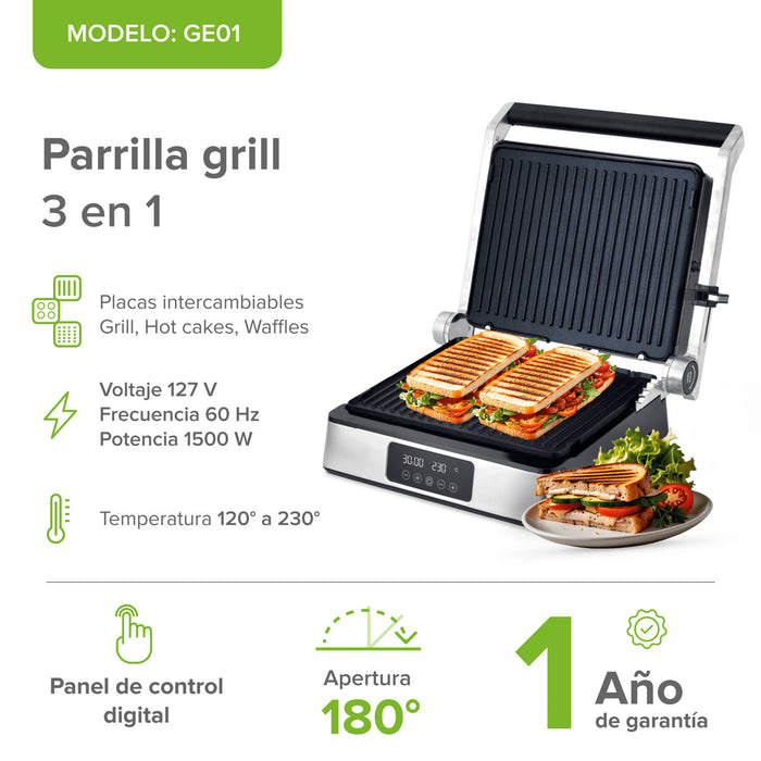Parrilla grill 3 en 1 XL apertura 180° con placas intercambiables