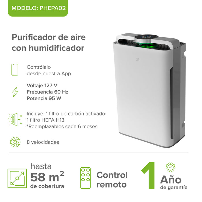 Purificador de aire con humidificador evaporativo inteligente WiFi - cubre hasta 58m2