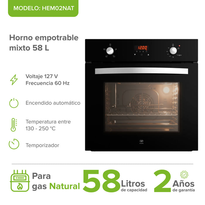Horno empotrable mixto gas natural y eléctrico 127 V 60 cm digital 58 L