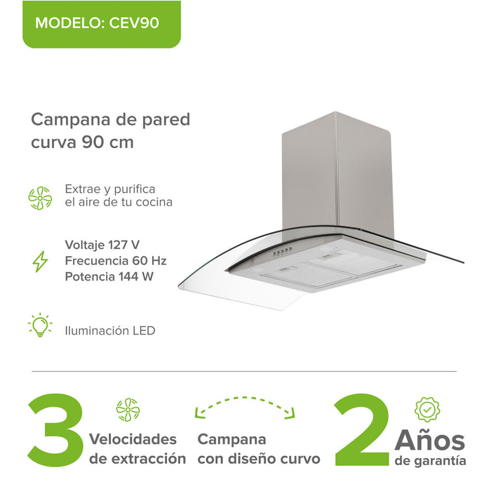 Campana de pared curva de 90 cm en acero inoxidable y vidrio templado con 3 velocidades e iluminación LED.