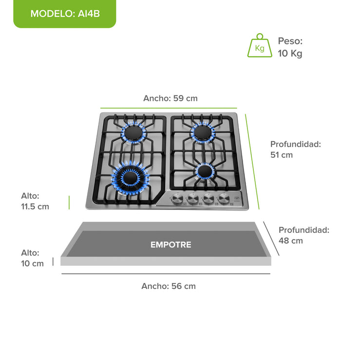Parrilla de gas 5 quemadores 76 cm en acero inoxidable y quemador central