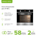 Horno empotrable a gas LP de 58 litros con reloj digital, convección y especificaciones técnicas de voltaje y temperatura.