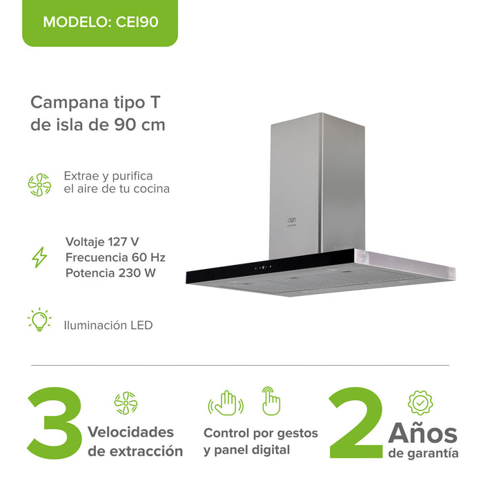 Campana de cocina para isla tipo T 90 cm, 780 m3/h de extracción control táctil y de gestos, acero inoxidable