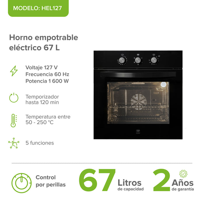 Horno eléctrico empotrable de 67L y 1600W con 5 funciones, temporizador y panel de control por perillas.