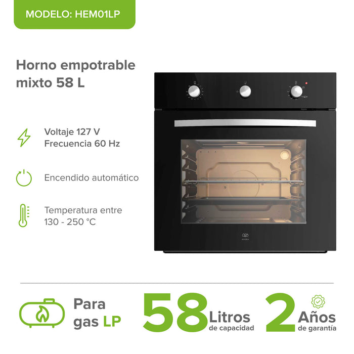 Horno empotrable mixto gas LP y eléctrico 127 V 60 cm con 3 perillas 58 L