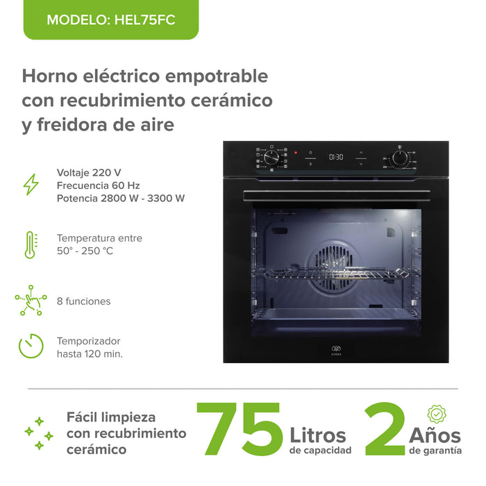 Horno empotrable eléctrico 75 L 220 V digital con freidora de aire y 8 funciones integradas + Recubrimiento cerámico