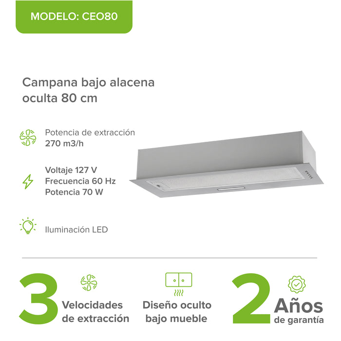 Campana de cocina empotrable oculta 80 cm, 270 m³/h de extracción, acero inoxidable