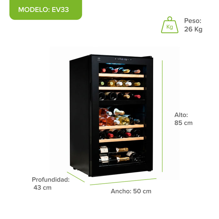 Cava de vinos Avera 33 botellas modelo EV33 con dimensiones: 85 cm alto, 50 cm ancho y 43 cm profundidad.