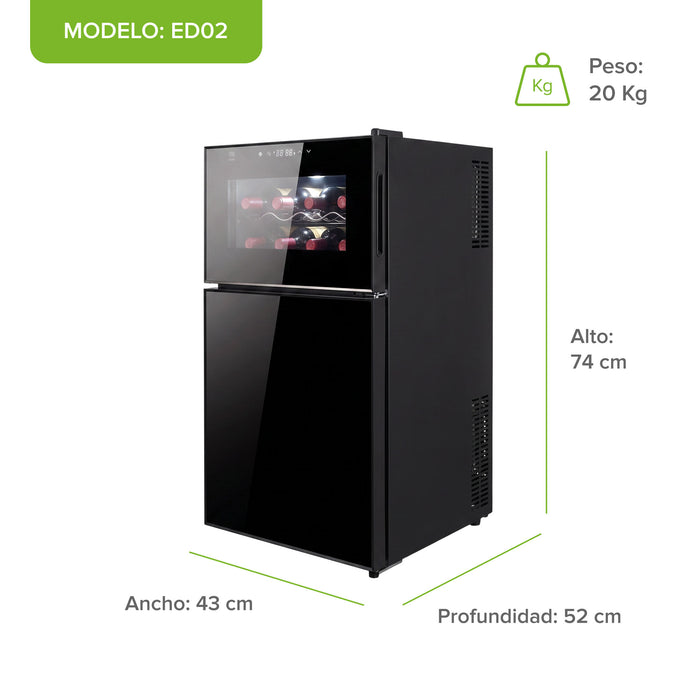 Cava de vinos y enfriador de bebidas 2 en 1 para 8 botellas y 36 latas, doble zona de temperatura 63 L