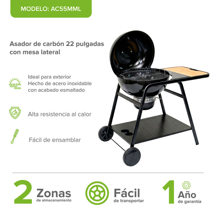 Asador de carbón de 22" 58 cm con termómetro, bandeja de cenizas y mesa lateral