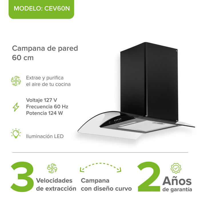 Campana de cocina de pared 60 cm en acero inoxidable y vidrio templado - negro