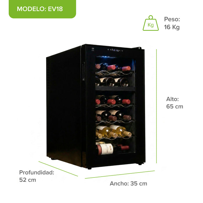 Cava de vinos Avera EV18 negra de 18 botellas, doble zona, termoeléctrica, con sus dimensiones y peso en infografía.
