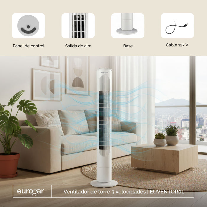 Ventilador de torre 89 cm 3 velocidades con oscilación 90°