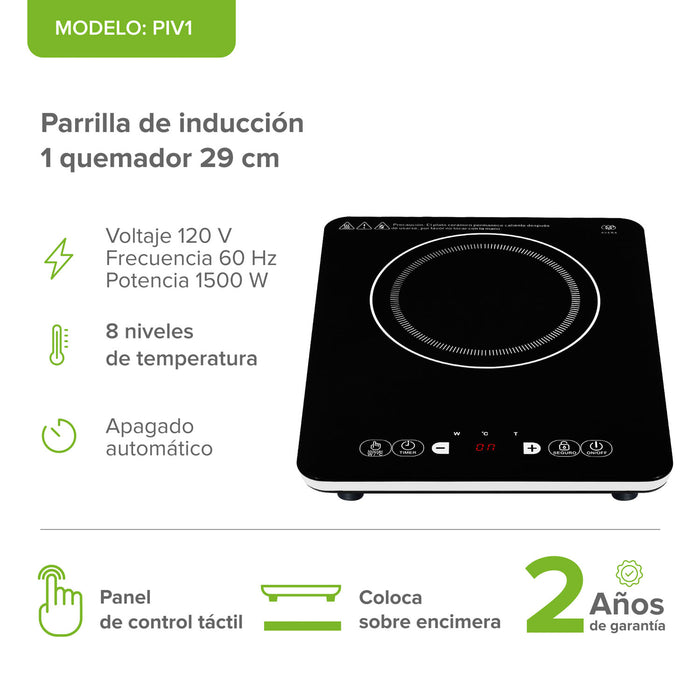 Parrilla de inducción 1 quemador 29 cm soporta 11 kg 1500 W 120 V