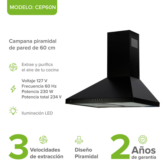 Campana de cocina de pared piramidal 60 cm en acero inoxidable - negro