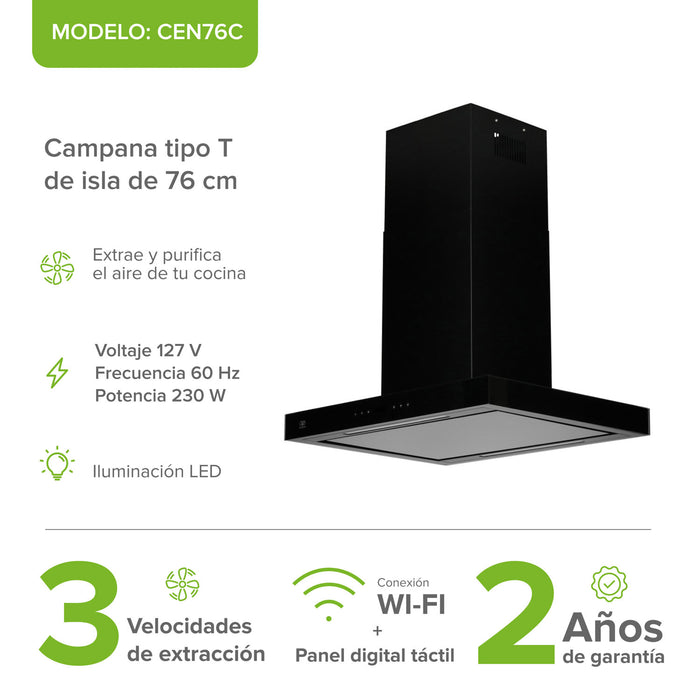 Campana de cocina para isla tipo T 76 cm, 780 m3/h de extracción control táctil y WiFi con temporizador, acero inoxidable - negro