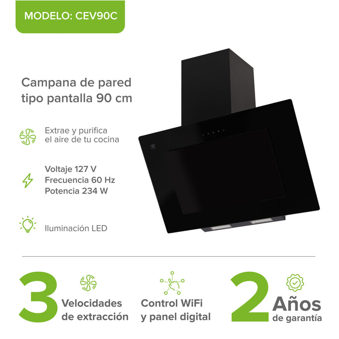 Campana de pared 90 cm en vidrio templado negro con panel digital, control WiFi e iluminación LED para cocina.