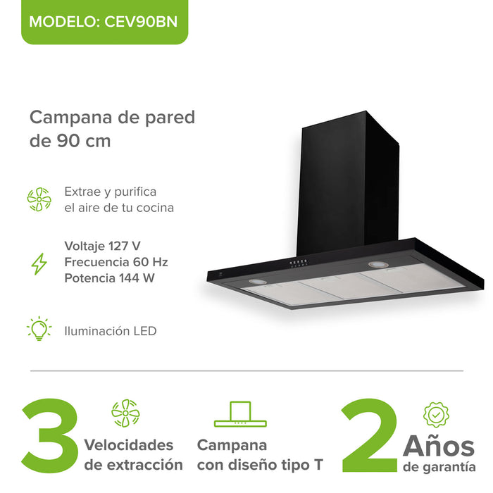 Campana de cocina de pared 90 cm en acero inoxidable con iluminación de 2 focos LED - negro
