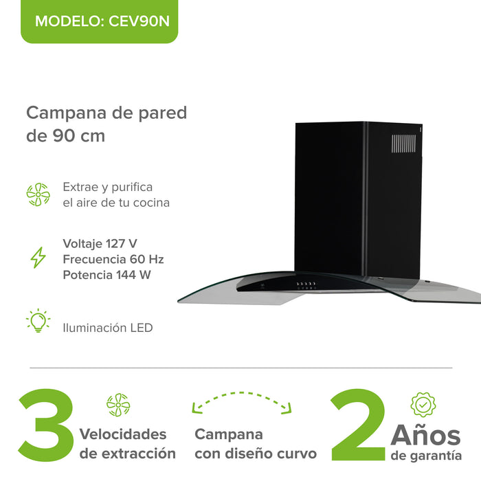 Campana de cocina de pared 90 cm en acero inoxidable y vidrio templado - negro