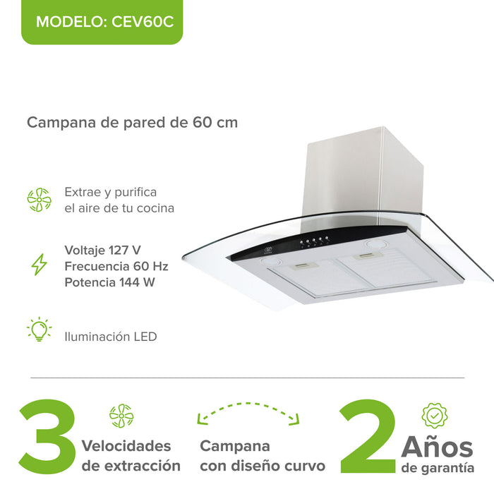 Campana de cocina de pared 76 cm en acero inoxidable y vidrio templado