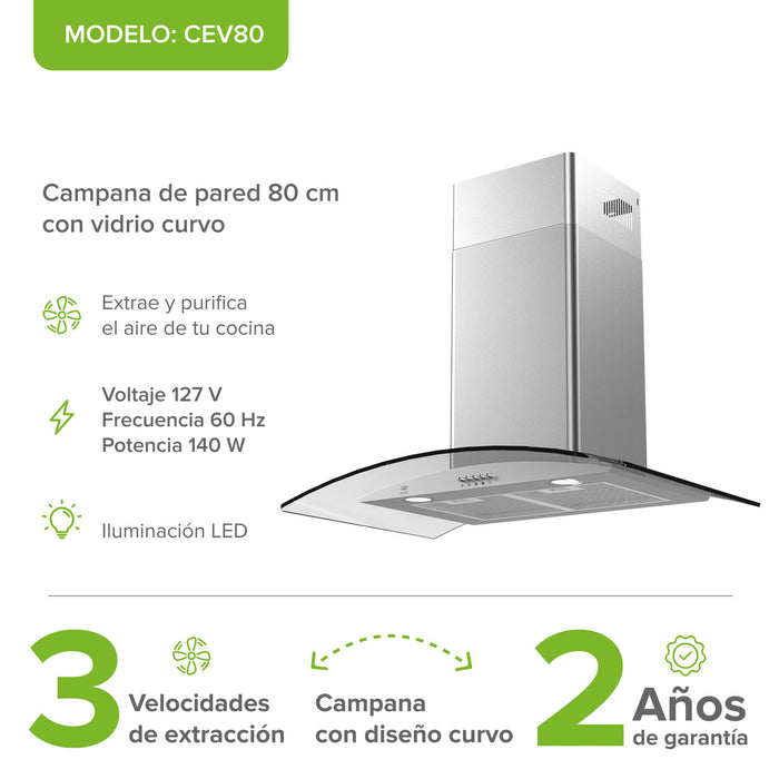 Campana de cocina de pared curva 80 cm en acero inoxidable y vidrio templado