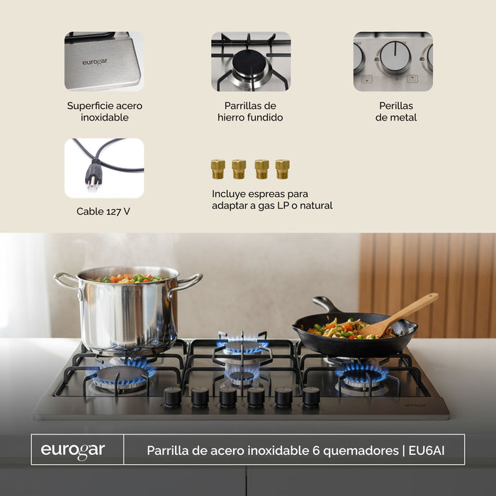 Parrilla de gas 6 quemadores 86 cm en acero inoxidable