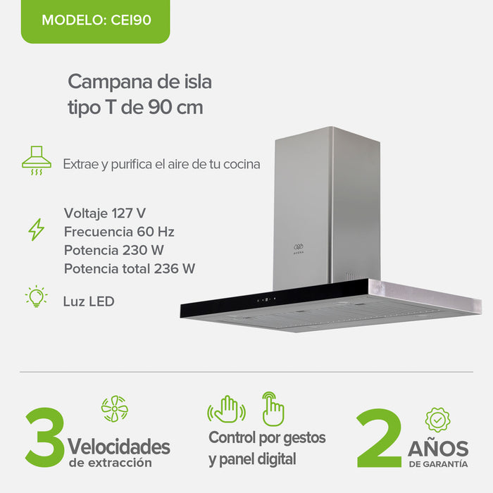 Campana de cocina de isla tipo T 90 cm acero inoxidable con tecnología sin contacto