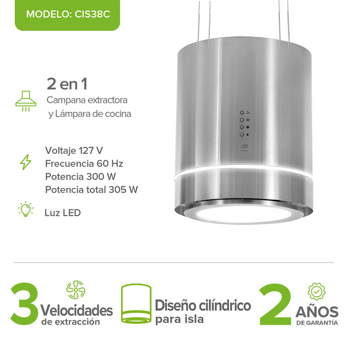 Campana de cocina para isla colgante cilíndrica 38 cm con lámpara decorativa, potencia motor 300 W acero inoxidable