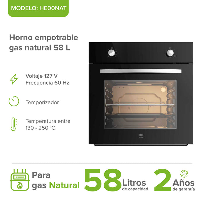 Horno empotrable a gas natural 60 cm con 2 perillas 58 L