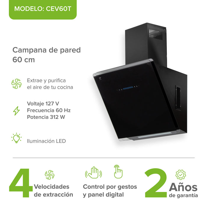 Campana de cocina de pared 60 cm de vidrio templado con tecnología sin contacto - negro