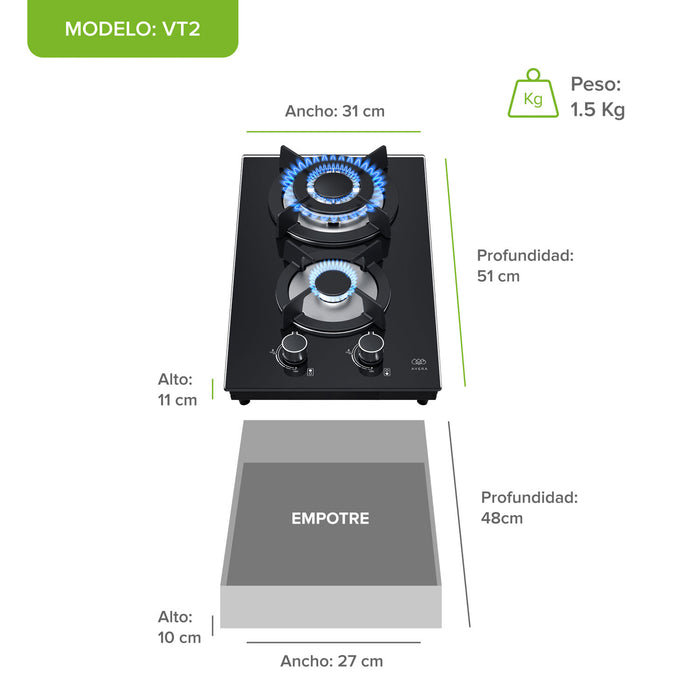 Parrilla de gas 2 quemadores 31 cm en vidrio templado con soporte circular - negro