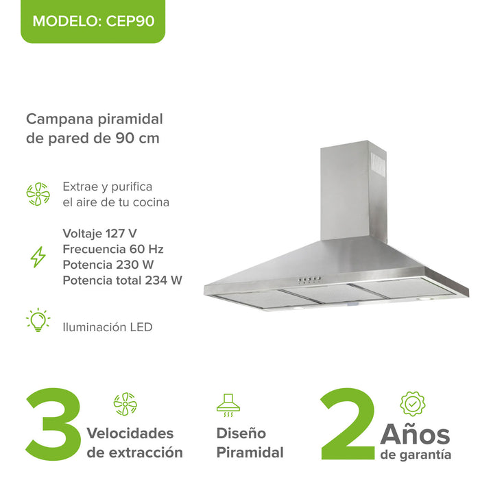 Campana de cocina de pared piramidal 90 cm en acero inoxidable