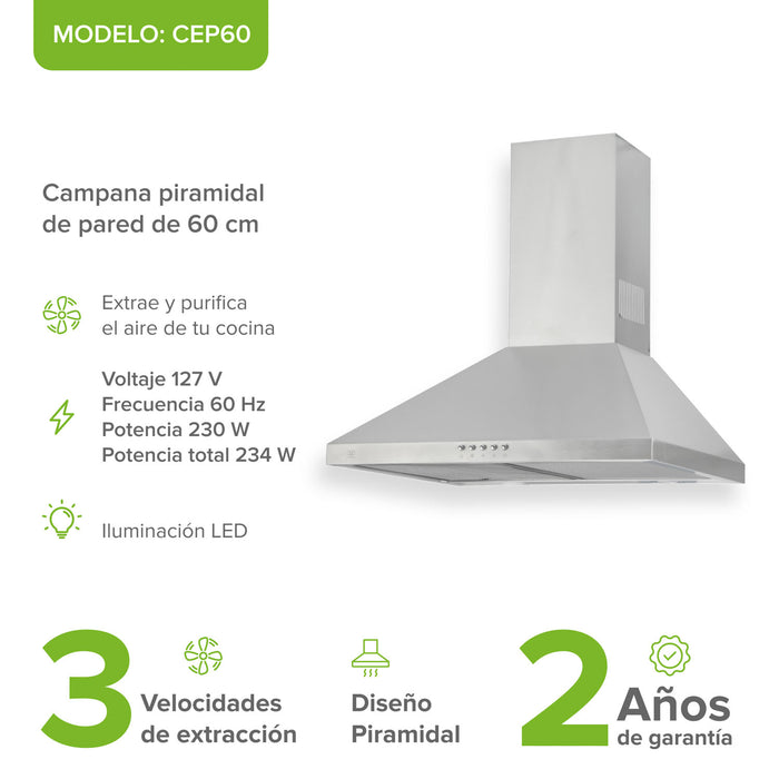 Campana de cocina de pared piramidal 60 cm en acero inoxidable