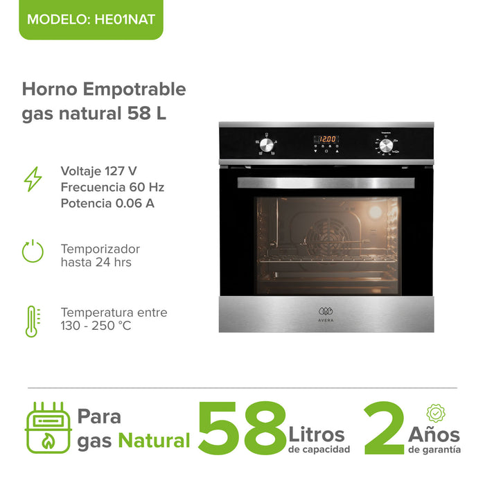 Horno empotrable a gas natural de 58 L con panel digital, acabado en acero inoxidable y sistema de convección.