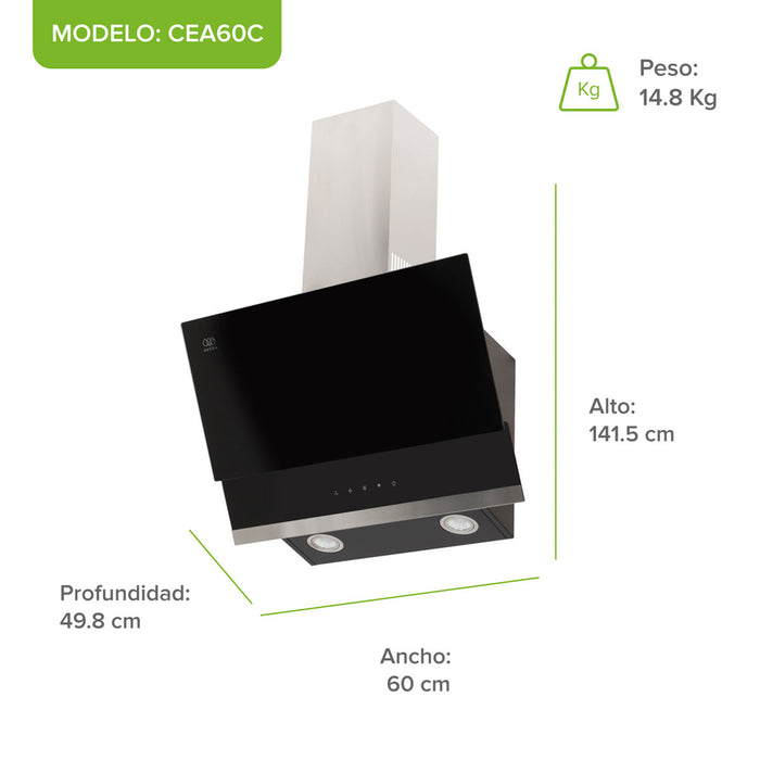 Campana de cocina de pared de 60 cm de vidrio templado con panel digital - negro