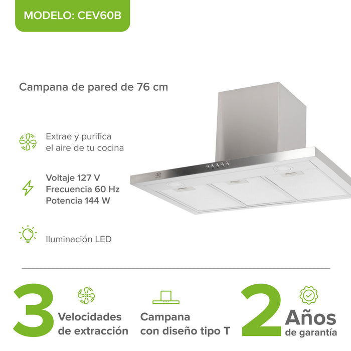 Campana de cocina de pared 76 cm en acero inoxidable