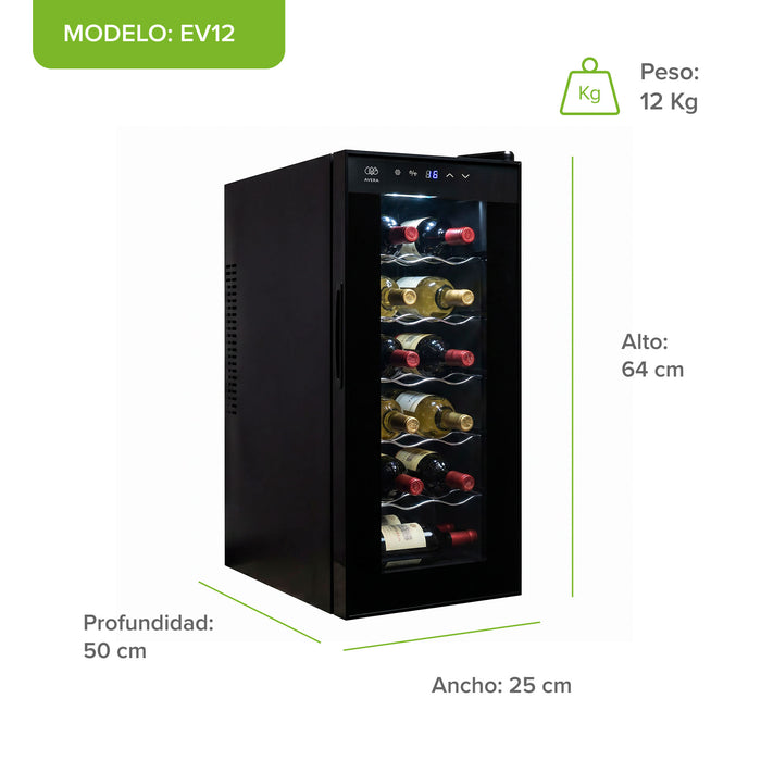 Cava de vinos Avera negra termoeléctrica, Modelo EV12. Muestra 12 botellas en su interior y dimensiones: 64x25x50cm.